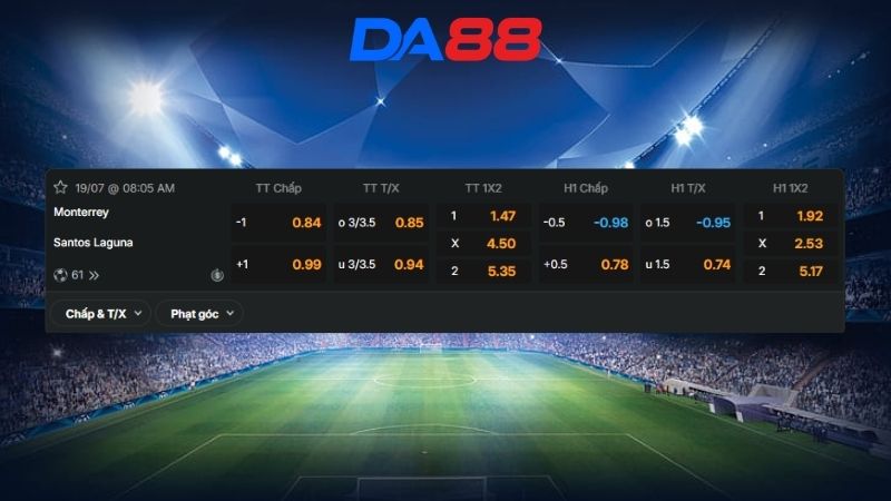 Bảng kèo Monterrey vs Santos Laguna 08h05 ngày 19/07/2026